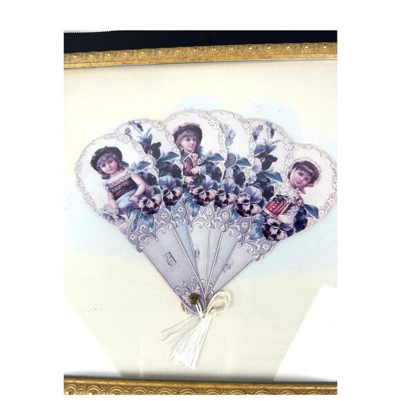 Gold Framed Victorian Girls Paper Fan Greeting Card by Old Print Factory Reprod. - Picture 2 of 9